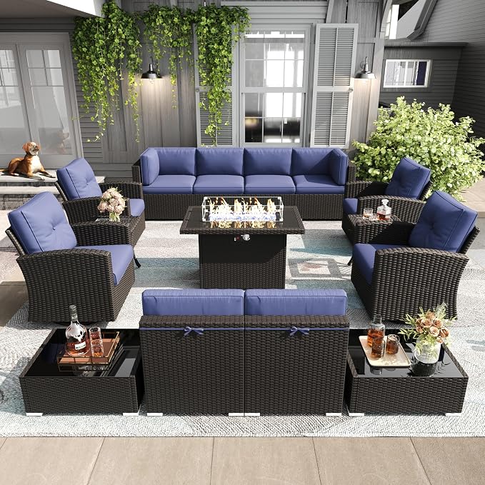 LayinSun 15 Pieces Patio Furniture Set with Fire Pit Table, Black Rattan Modular Sectional Outdoor Conversation Sofa Set, Swivel Rocking Chairs Set