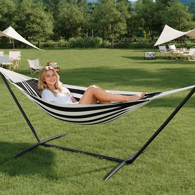 GarveeHome Double Hammock with Stand - Heavy Duty 450lbs Capacity, Portable Cotton Hammock for Two Adults, Indoor & Outdoor Use with Travel Bag, Black&White Stripe Pattern