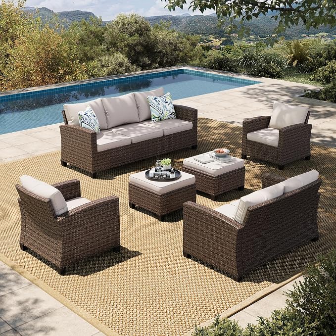 HERA'S HOUSE Wicker Patio Furniture Set, Outdoor Sectional Conversation Sets, 6 Pieces 9 Seats Outside Sofa Set for Lawn Backyard