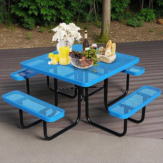 46" Square Picnic Table for Outside,Blue Heavy Duty Metal Picnic Table Bench Set with 2in Umbrella Hole, 1600 lb Capacity,Commercial Dining Table Furniture for Garden Yard Patio Party Coffee Shop