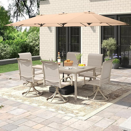 Outdoor Dining Set for 6, 8 Pieces Patio Table and Chairs Set with Umbrella, 63" Outdoor Dining Table and Padded Textilene Patio Swivel Chairs for Garden Backyard, Sandshell
