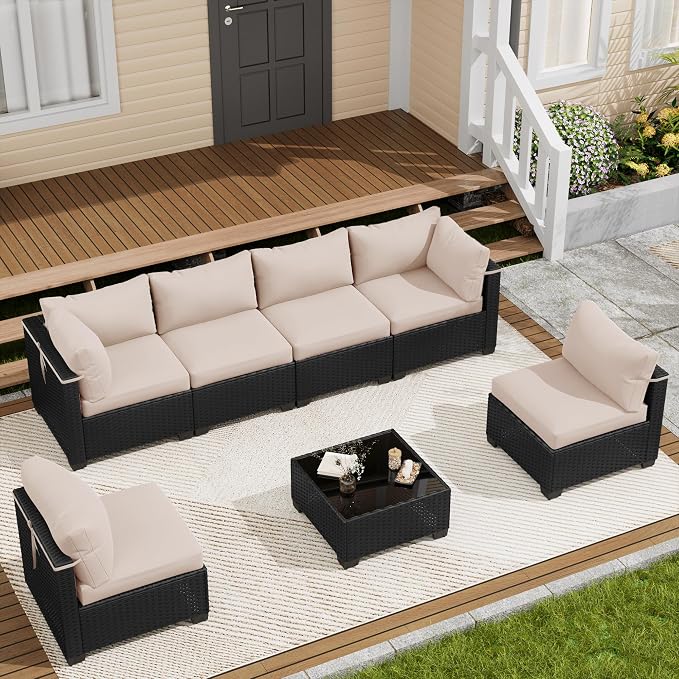 LOUVIXA 7 Piece Outdoor Patio Furniture Set, Outdoor Sectional Sofa, Wicker Rattan Patio Furniture, Patio Conversation Set with Coffee Table & Cushions