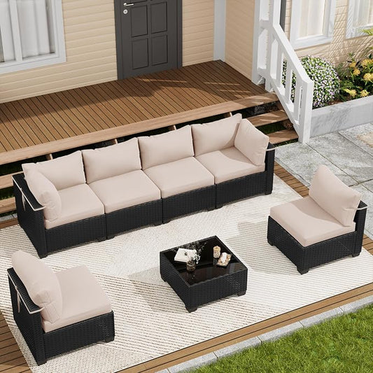 LOUVIXA 7 Piece Outdoor Patio Furniture Set, Outdoor Sectional Sofa, Wicker Rattan Patio Furniture, Patio Conversation Set with Coffee Table & Cushions