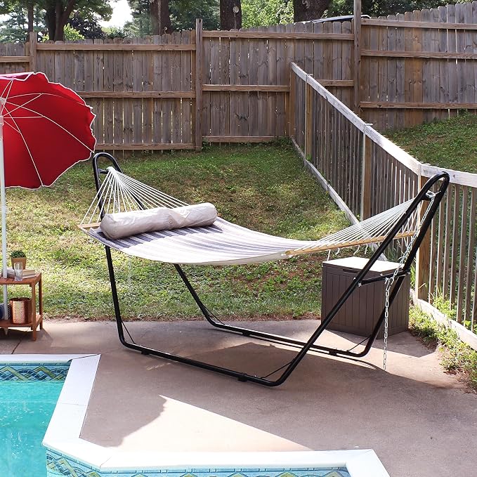 Sunnydaze Quilted Double Hammock with Stand for Outside - 440 lb Capacity Universal Black Steel Stand - UV Resistant, Quick Dry Fabric - Pillow, Chains, and Hardware Included - Mountainside