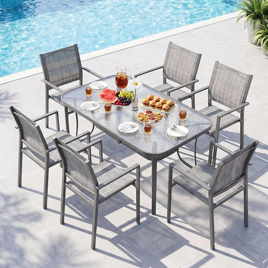 TLSUNNY 7 Piece Patio Dining Set for 6, Outdoor Table and Chairs W/1.69" Umbrella Hole & Metal Frame, 30"X 55" Rectangular Glass Table and Patio Textilene Stackable Chair W/Armrests, for Lawn Deck