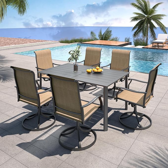 Patio Dining Set 7, 29" Heigh Rectangle Table and Brown Swivel Chairs Sty1 | 63"x38" Metal Table, 29" Heigh Table Top,All Weather; 6 Piece Swivel Chairs: High Back,Retro Armrest,Textilene Fabric,Rocking