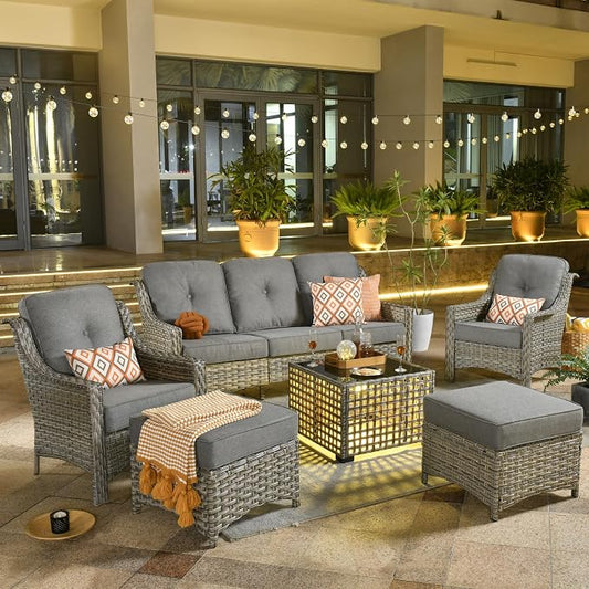 ovios 6 Piece Outdoor Patio Furniture with 3 Seat Sofa,Rattan Wicker Coversation Set with High Back,Sectional Single Sofa with Ottoman for Outside Porch Balcony Backyard Pool, Dark Grey