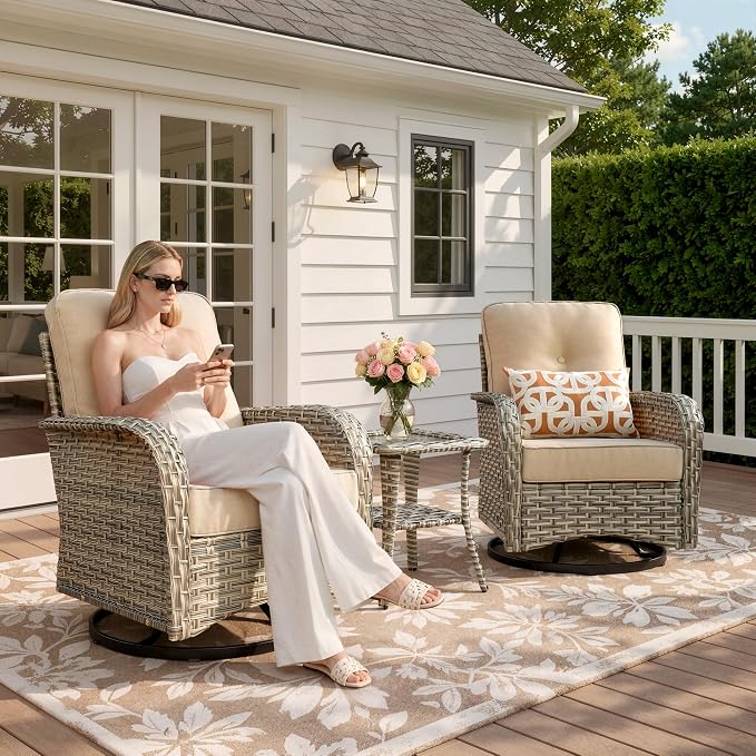 Outdoor Swivel Rocking Chair Set of 2 with Coffee Table, Wicker Patio Glider Chairs with 4 Inch Thick Cushions, 350lbs Capacity High Back Rattan Furniture Set for Sunroom and Small Spaces, Beige