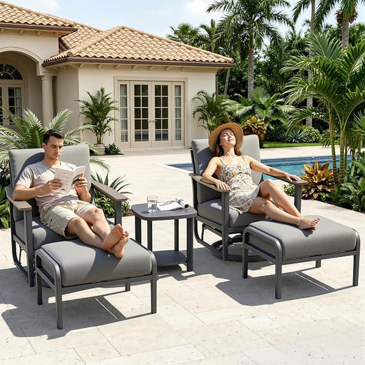 Aluminum Patio Swivel Rocking Chair Outdoor Bistro Set with Ottomans, 5PCS Patio Conversation Set Outdoor Patio Furniture Set with High Backrest & Thickened Cushions for Garden, Grey