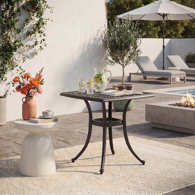 Cast Aluminum Bistro Table, Small Outdoor End Table, Rustproof Weather Resistant Patio Coffee Table, 21Inch Side Table for Indoor Garden Porch Balcony Backyard,Black