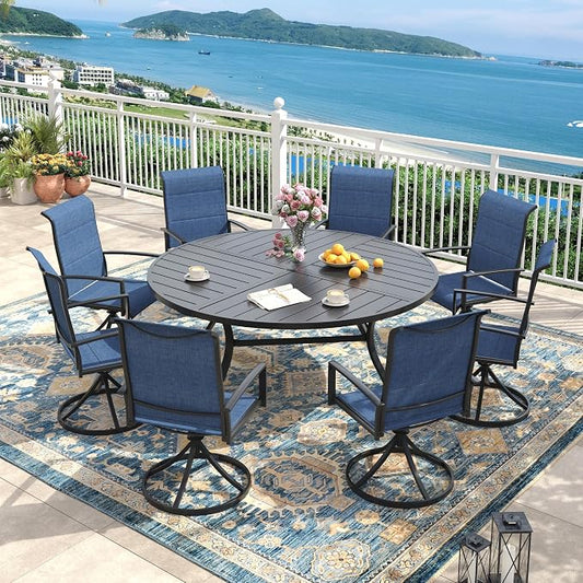 Outdoor Dining Set for 8, 60.1" Outdoor Dining Table with Umbrella Hole and Padded Textilene Patio Swivel Chairs, 9 Pieces Patio Table and Chairs Set for Garden Backyard, Dark Blue and Black