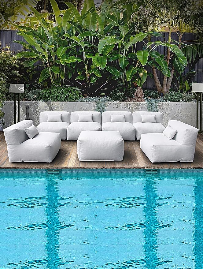 ANNYH CALALUNA 7Pc Patio Garden Furniture Sectional Conversation Set. Combines 6 Middle Chairs, 1 Ottoman/Coffee Table Outdoor Exp Foam Filled Chairs A Unique Modular Contemporary Sofa (Cloud Gray)