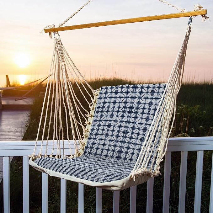 Nags Head Hammocks Midori Indigo Sunbrella Cushioned Single Swing – 24 in. x 24 in., 350 lb Capacity, Cumaru Spreader Bar, Handcrafted in The USA