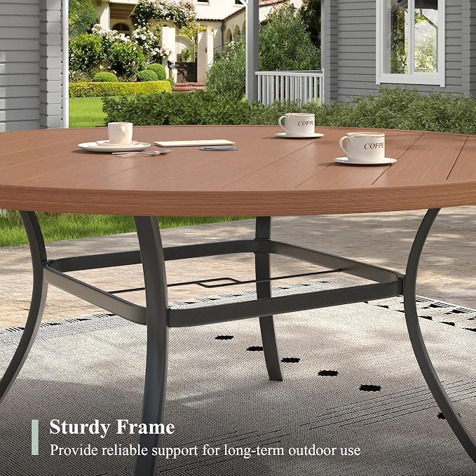 Outdoor Dining Set for 8, 60" Metal Round Outdoor Dining Table with Umbrella Hole and Sling Patio Swivel Chairs, 9 Pieces Patio Table and Chairs Set for Garden Backyard, Charcoal and Walnut