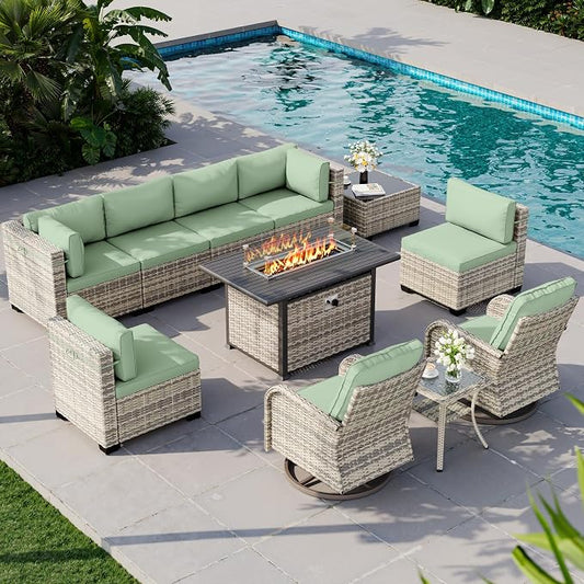 11-Piece Outdoor Patio Furniture Set with Rocking Swivel Chair, Wicker Rattan Sectional Sofa Conversation Set with 55,000 BTU Fire Pit Table, Backyard Furniture, Light Green