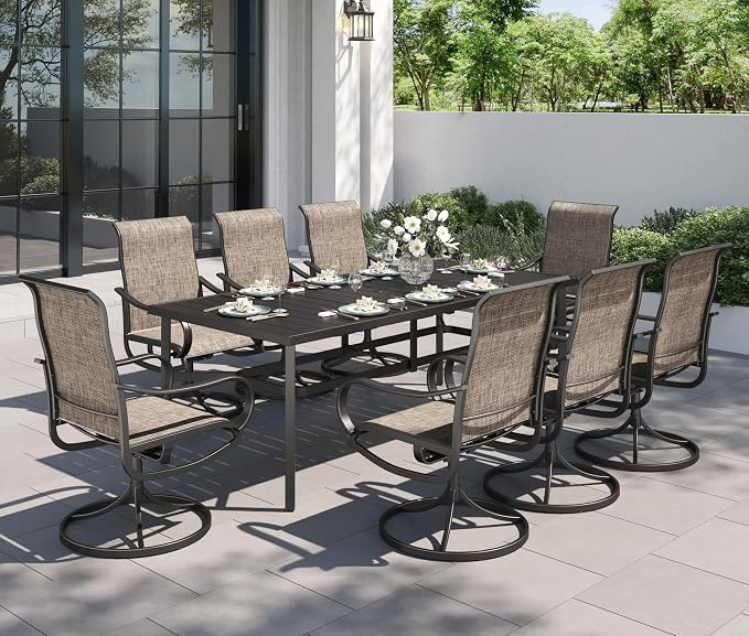 PHI VILLA 9 Piece Outdoor Dining Set, 82'' Metal Table & Brown Swivel Chairs