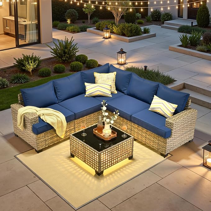 ovios 6 Piece Patio Sectional Furniture, Rattan Wicker Coversation Couch Set, Outdoor Sofa Set for Outside Porch Balcony Backyard Pool,Navy Blue