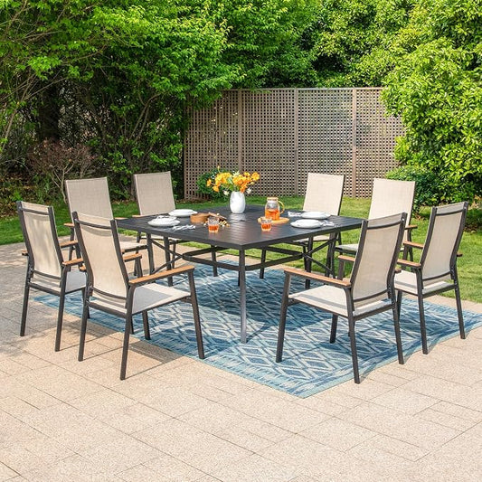 MFSTUDIO 9 Piece Outdoor Dining Set, Metal Table & Aluminum Chairs, Beige | Stackbale chairs, Light-weight & space-saving, Square Table, Umbrella Hole, Patio deck, 8 person
