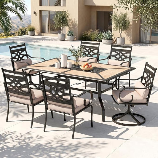 PHI VILLA Patio Dining Set, for 6, Swivel Chairs | E-Coated and Steel, Rectangle Table, Beige Cushion, 1.57in Umbrella Hole