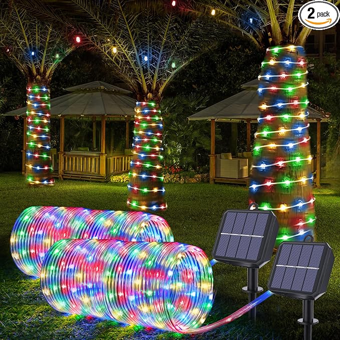 Solar Rope Lights, 2 Packs Total 132ft 400LED Solar String Lights, 8 Modes Waterproof Solar Outdoor Light, Flexible Clear Trampoline Light for Garden Backyard Patio Deck Pool Tree Decor - Multicolor