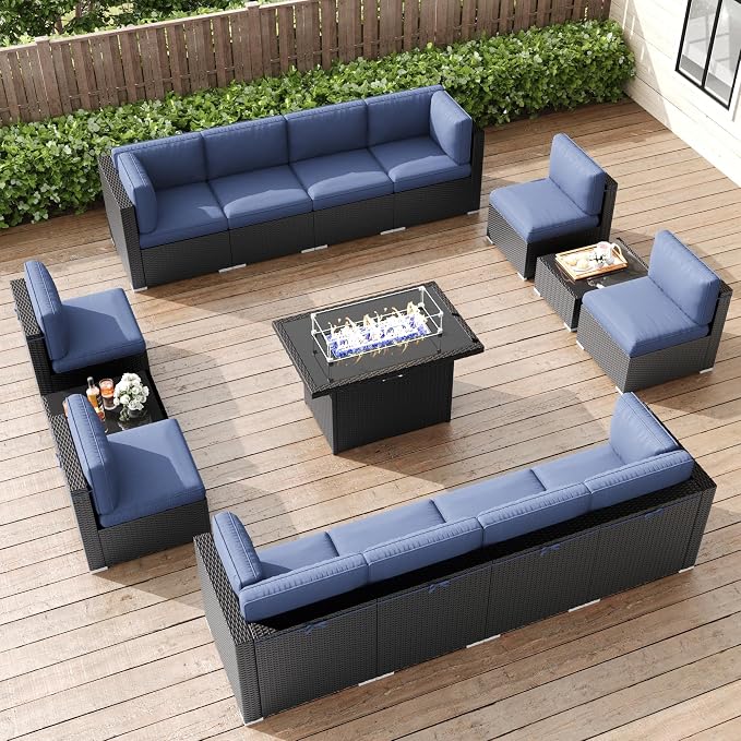 LayinSun 15 Pieces Patio Furniture Set with Fire Pit Table, Black Rattan Modular Sectional Patio Conversation Sofa Set
