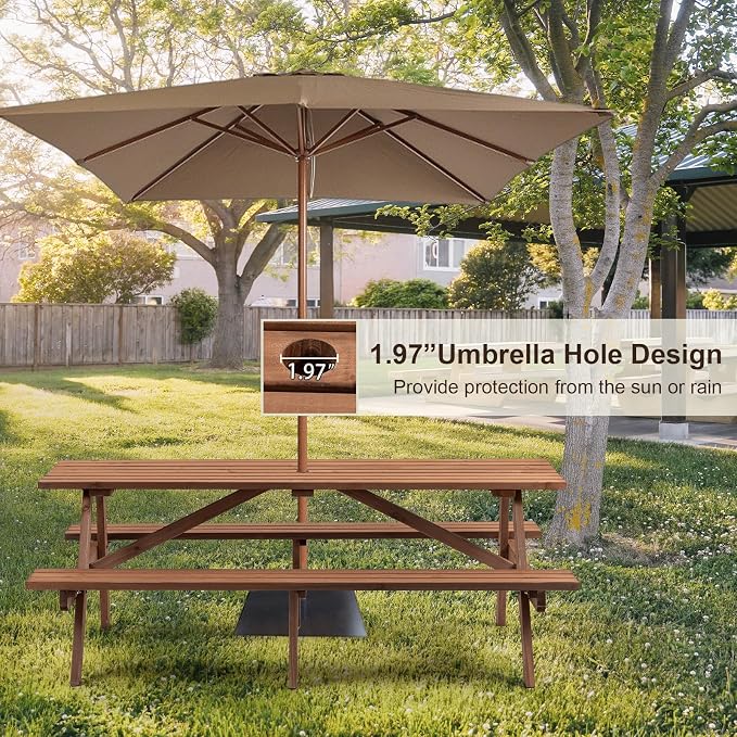 Outdoor Wooden Picnic Table with Benches and Umbrella Hole, Rustic Style Wood Picnic Table Bench Set for 6 or 8 Person for Backyard, Porch, Patio, and Deck, Brown