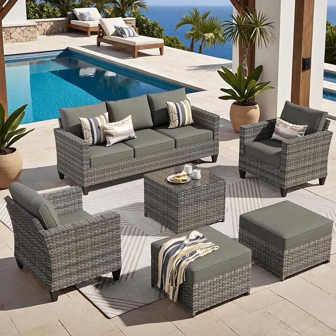 ovios 6 Pieces Patio Furniture Set, Outdoor Wicker Sofa Couch with Glass Table Comfy Cushions, All Weather Grey Rattan Conversation Set for Backyard Deck Porch, Black