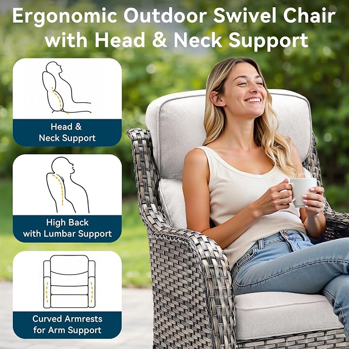 Luxury Wicker Patio Furniture Set-High Back Outdoor Swivel Chairs Set of 2 with 6" Thick Cushions Wide Armrest All Weather Patio Conversation Sets for Deck Porch Balcony(Grey/Beige)