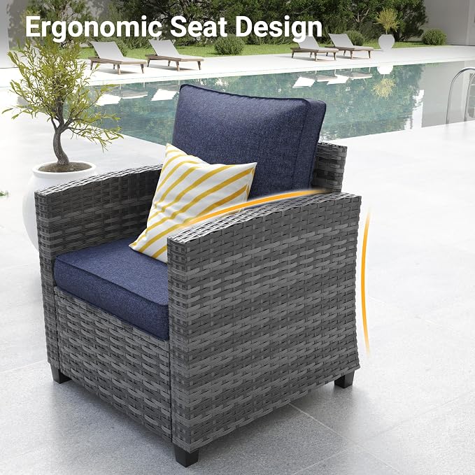 Outdoor Furniture Set, 5 Pcs Wicker Patio Couch with Chairs, Ottomans and Thick Cushions, All Weather Wicker Rattan Patio Conversation Set,Navy Blue