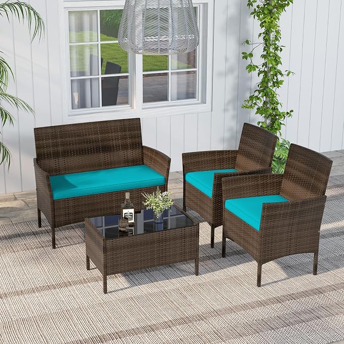 RELAX4LIFE 4-Piece Patio Furniture Set - Rattan Outdoor Conversation Bistro Set w/Cushions, Glass Coffee Table, Wicker Chairs & Loveseat for Garden Backyard Porch, Balcony Furniture Set (1, Turquoise)