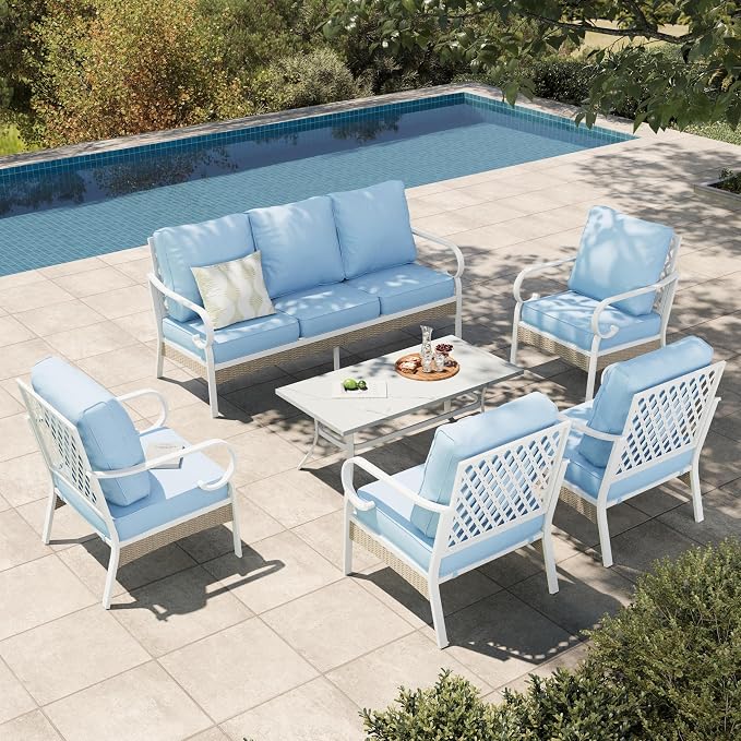 HERA'S HOUSE 6 Piece Metal Patio Furniture Set, All Weather Outdoor Conversation Set with 3-Seat Sofa, 4 Fixed Chairs & Coffee Table, 7 Seats for Backyard, Garden, Deck, White/Blue