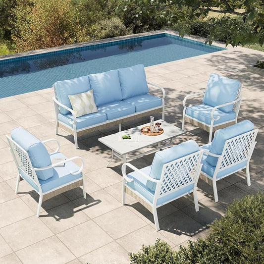 HERA'S HOUSE 6 Piece Metal Patio Furniture Set, All Weather Outdoor Conversation Set with 3-Seat Sofa, 4 Fixed Chairs & Coffee Table, 7 Seats for Backyard, Garden, Deck, White/Blue