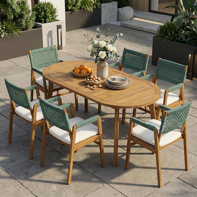 Christopher Knight Home 7-Piece Outdoor Dining Set, 70" Oval Acacia Wood Patio Table, Teak Finish with 6 Armchairs, Beige Cushions and Rope Woven Back Chairs for Backyard Garden Deck