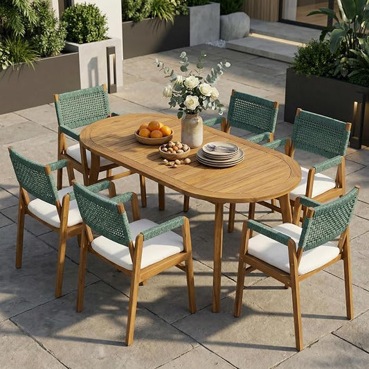 Christopher Knight Home 7-Piece Outdoor Dining Set, 70" Oval Acacia Wood Patio Table, Teak Finish with 6 Armchairs, Beige Cushions and Rope Woven Back Chairs for Backyard Garden Deck