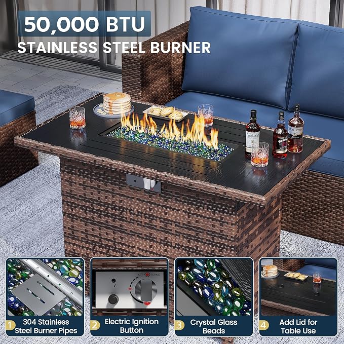 Amopatio Patio Furniture Set with Fire Pit Table, All-Weather Wicker Outdoor Conversation Sofa Set with Glass Coffee Table, Cushions & Ottomans for Deck Backyard Porch Lawn Blue