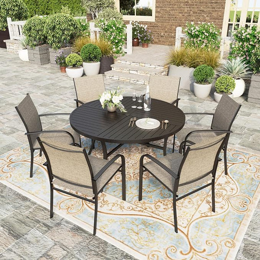 HERA'S HOUSE 7pc Patio Dining Set, 54" Round Table, 6 Brown Chairs | Outdoor metal table with umbrella hole, textilene chairs. Waterproof, rust-resistant, all-weather for backyard, porch