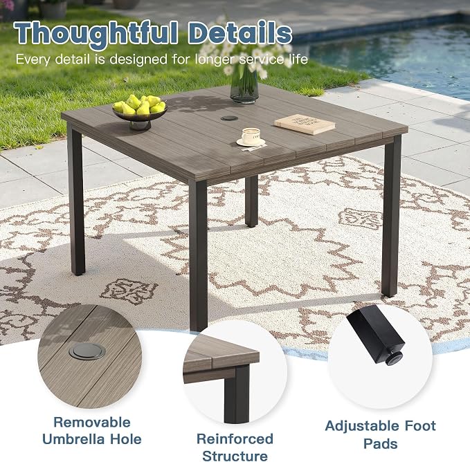 DIFY Patio Table and Chairs Set for 4, 5 Piece Outdoor Dining Set, 40.2" Grey Wood-Like Square Metal Dining Table with Umbrella Hole and 4 Sandshell Textilene Swivel Patio Chairs, for Garden Backyard
