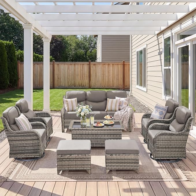 Luxury 8 Pieces Outdoor Patio Furniture Set-All Weather Wicker Swivel Rocker Patio Chairs with 6" Thick Cushion Rattan Sofa Coffee Table, Outdoor Conversation for Garden Porch Backyard(Grey/Grey)