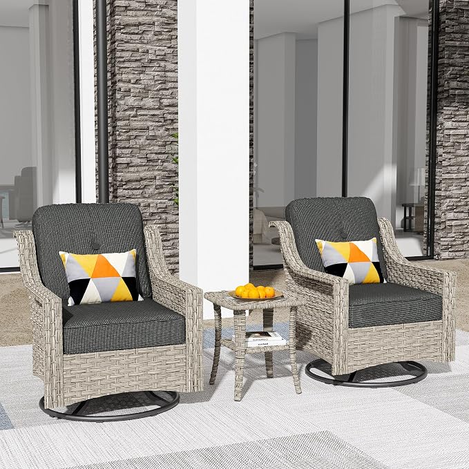 HOOOWOOO 3 Piece Patio Furniture Bistro Sets,Outdoor Wicker Swivel Rocking Chairs with Table Set,All Weather Resistant High Back Rattan Conversation Set(Black)