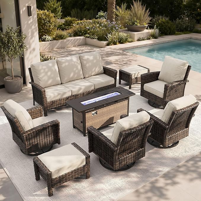 HERA'S HOUSE 8-Piece Patio Furniture Set with Outdoor Swivel Chairs & Fire Pit Table, High Back Wicker Conversation Sets with 5.5" Thick Cushions, All-Weather Deep Seating Sofa with Ottomans, Beige