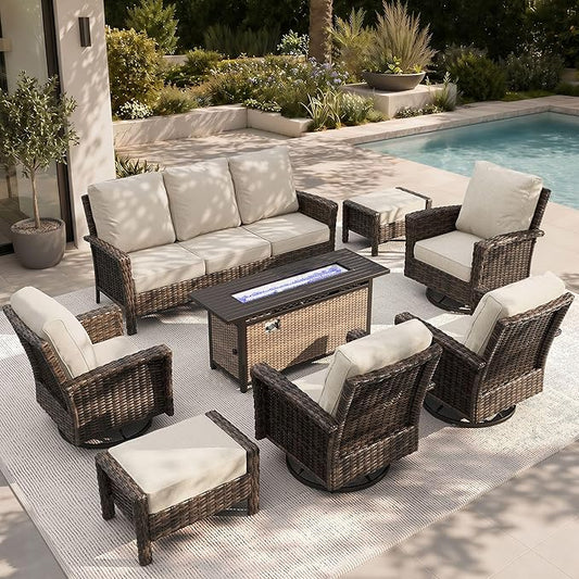 HERA'S HOUSE 8-Piece Patio Furniture Set with Outdoor Swivel Chairs & Fire Pit Table, High Back Wicker Conversation Sets with 5.5" Thick Cushions, All-Weather Deep Seating Sofa with Ottomans, Beige