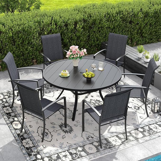 DIFY 7 Pieces Outdoor Dining Set for 6, 47.2" Round Dining Table with Umbrella Hole and Textilene Stackable Patio Chairs, Metal Patio Table and Chairs Set for Garden Backyard Poolside, Black