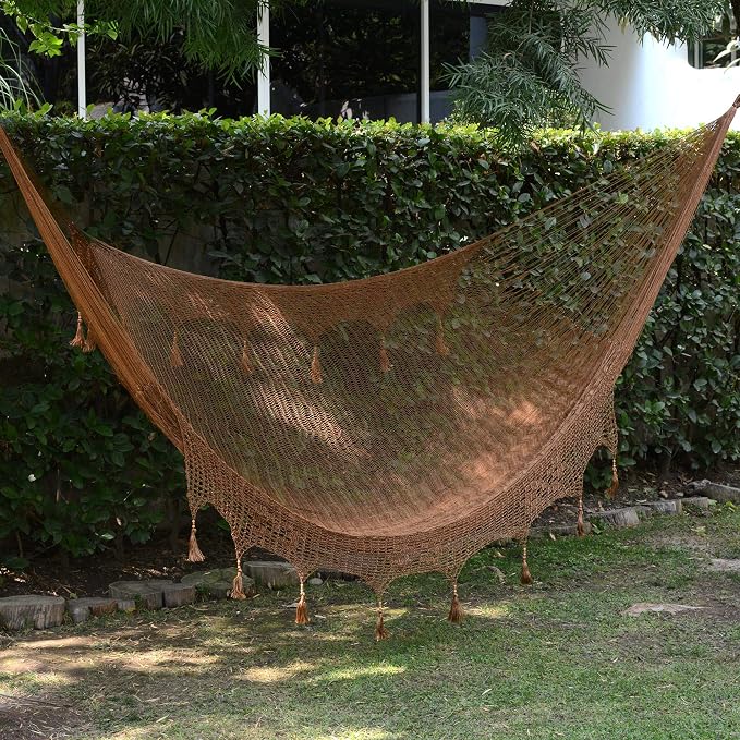 NOVICA Copper Brown Hand Woven Nylon Mayan 2 Person XL Rope Hammock with Crochet Fringe, 'Copper Filigree' (Double)