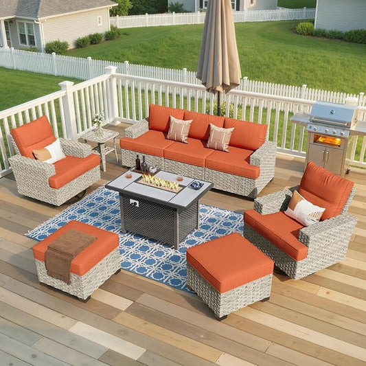 Weaxty 9 Pieces Wide Seats Outdoor Furniture Set, Sectional Couch Swivel Rocking Chair Ottoman Fire Pit Table, Thick Cushion All-Weather Rattan Patio Conversation Sets for Backyard Deck, Orange Red