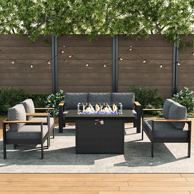 LayinSun 5 Piece Aluminum Outdoor Furniture Set with Fire Pit Table, Outside Patio Deep Seating Conversation Set with Upgraded Washable Thick Cushion