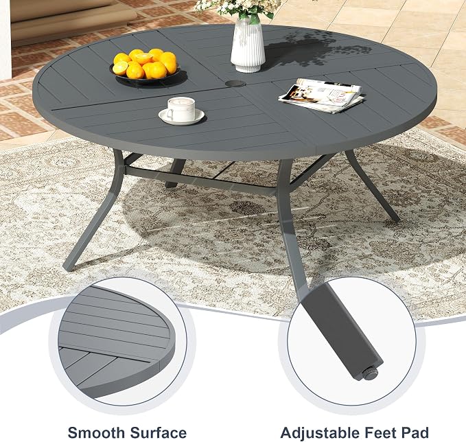 VICLLAX 60" Round Patio Dining Table for 8-10, All Weather Metal Outdoor Table with 1.57" Umbrella Hole and Surdy Frame for Garden Lawn Deck, Dark Grey