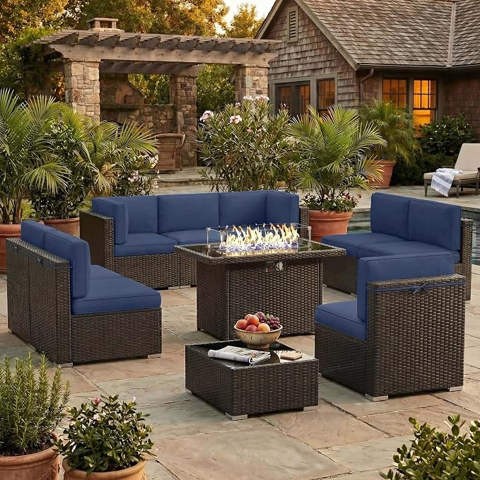 10 Pieces Patio Furniture Set with 44" Propane Gas Fire Pit Table, Outdoor Sectional Brown Rattan Wicker Conversation Sofa Sets with Coffee Table