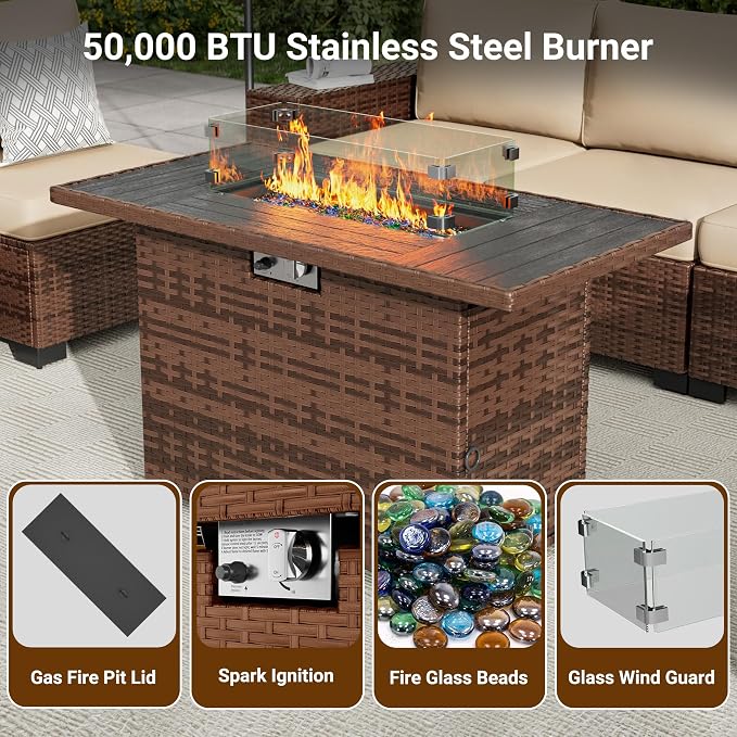 Patio Furniture Set with 44'' Propane Gas Firepit Table, 8 PCS Modular Outdoor Sectional Conversation Sets, All-Weather Wicker Patio Set for Backyard, Navy (Waterproof Covers Included)