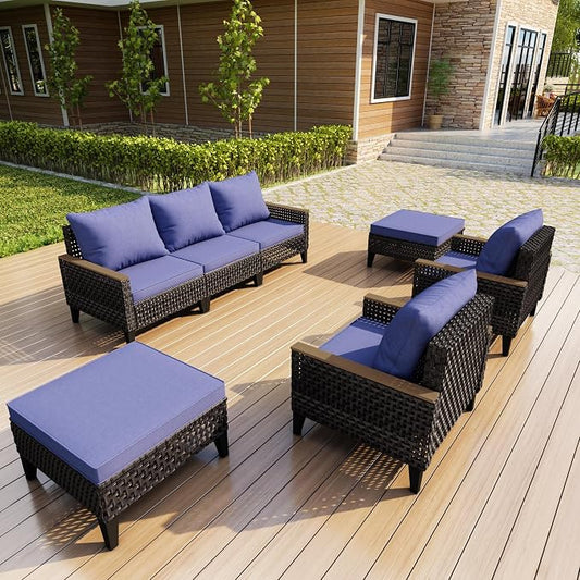 7-Piece Outdoor Patio Furniture Set, Wicker Conversation Set with Armchairs and Ottomans, Rattan Sectional Modular Sofa Couches for Porch, Poolside, Deck, Balcony, Backyard, Yard (Blue Cushions)