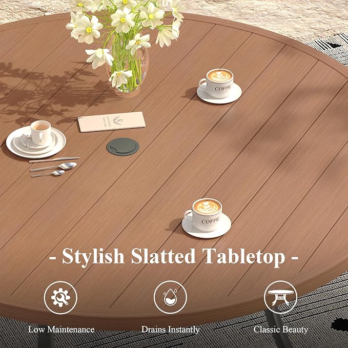 Outdoor Dining Table for 8, 63" Round Outdoor Table with Adjustable Umbrella Hole, All-Weather Metal Patio Dining Table for Lawn Garden Backyard Deck, Walnut